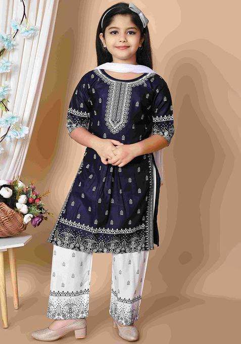 Blue Printed Viscose Kurta Set For Girls