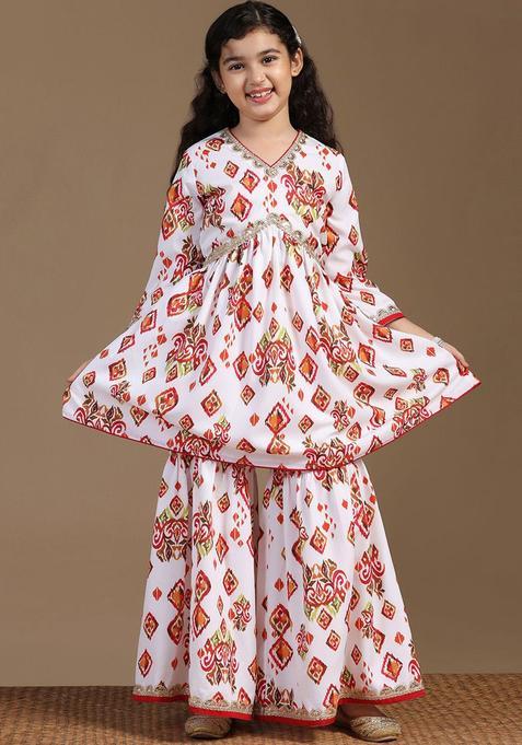 White Printed Cotton Anarkali Kurta Set For Girls — view on Indya