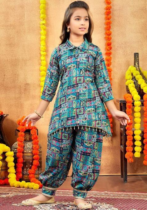 Sea Green Cotton Kurta Set For Girls — view on Indya