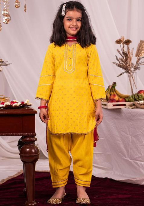 Yellow Printed Viscose Kurta Set For Girls — view on Indya