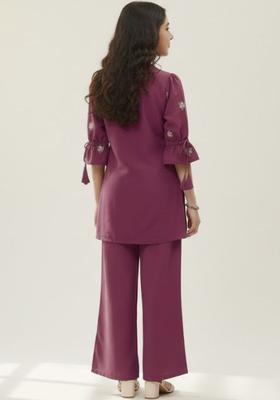 Purple Embroidered Silk Kurta Set For Girls