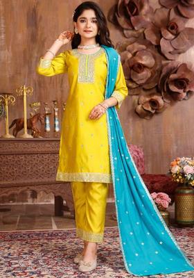Yellow Embroidered Silk Kurta Set For Girls