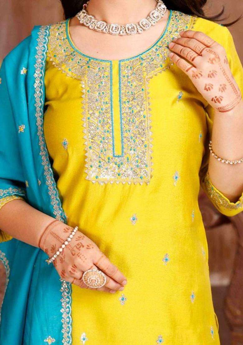 Yellow Embroidered Silk Kurta Set For Girls - Indya