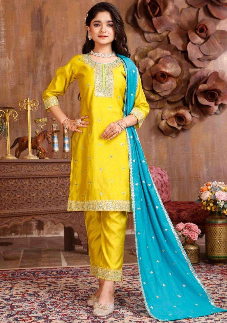 Yellow Embroidered Silk Kurta Set For Girls - Indya