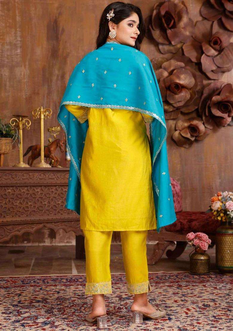 Yellow Embroidered Silk Kurta Set For Girls - Indya