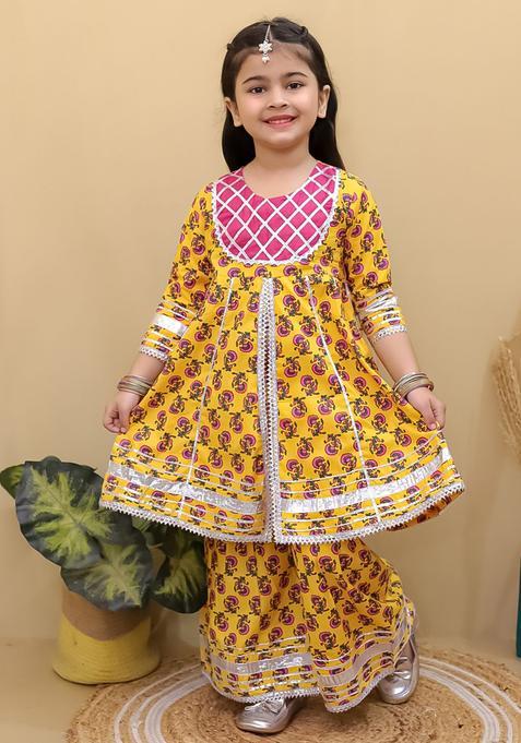 Yellow Printed Cotton Anarkali Kurta Set For Girls — view on Indya