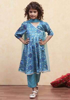 Turquoise Blue Printed Polyester Kurta Set For Girls