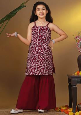 Maroon Embroidered Silk Kurta Set For Girls