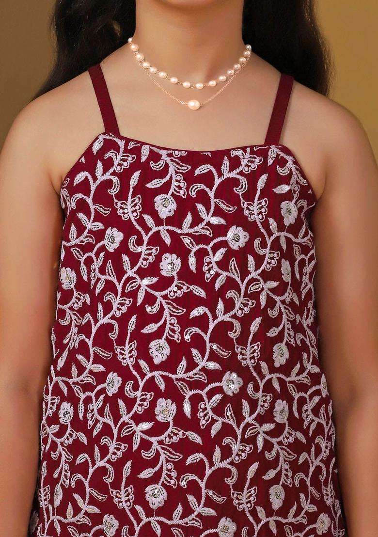 Maroon Embroidered Silk Kurta Set For Girls - Indya