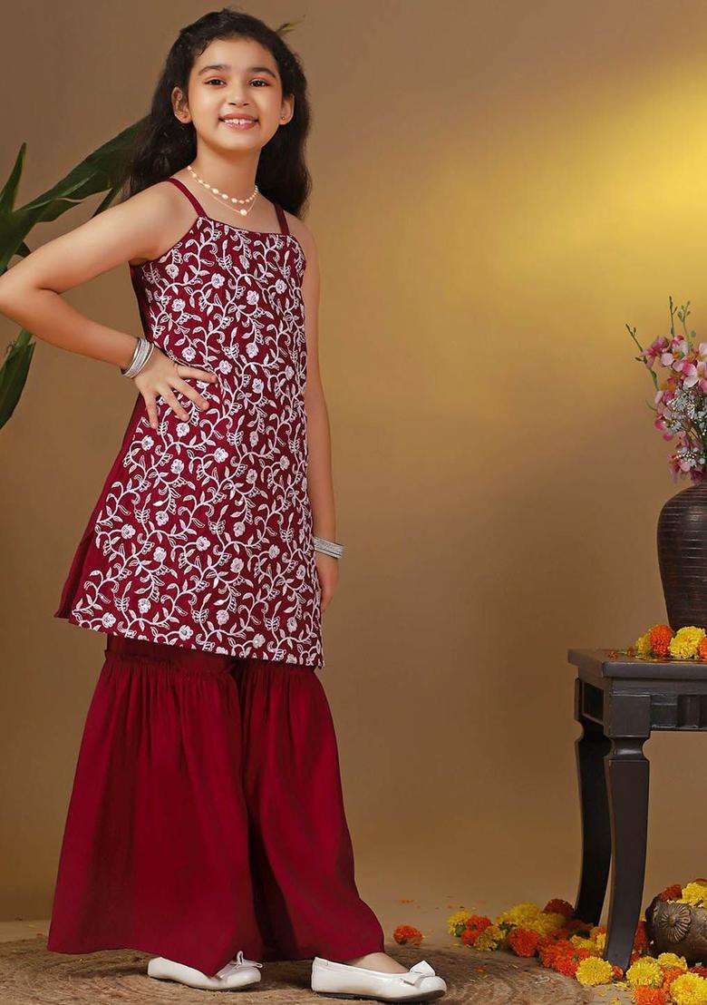 Maroon Embroidered Silk Kurta Set For Girls - Indya