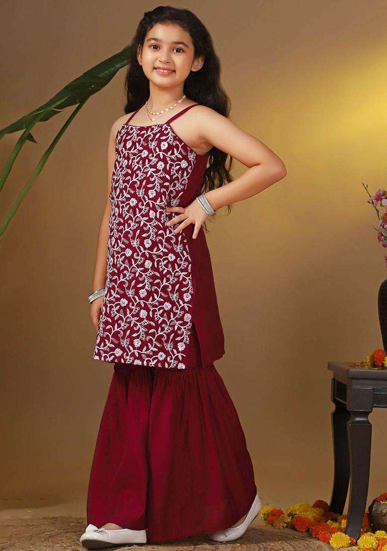 Maroon Embroidered Silk Kurta Set For Girls - Indya