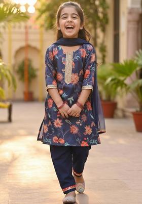 Blue Printed Chinon Kurta Set For Girls