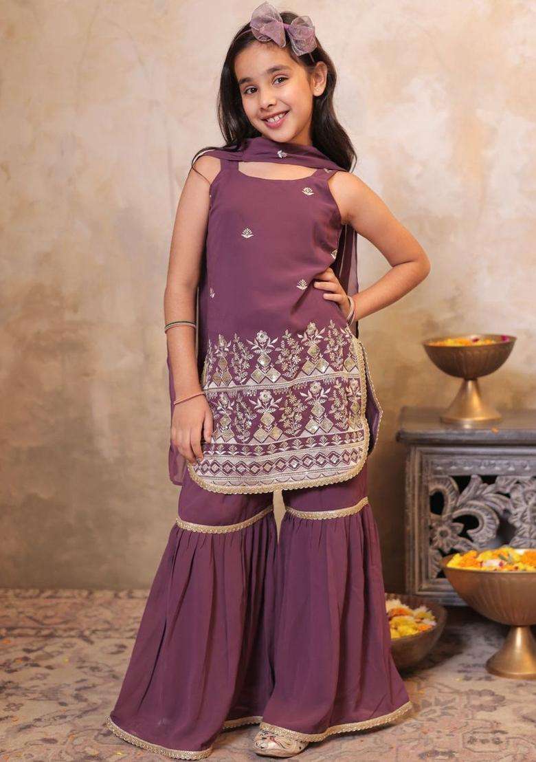 Purple Embroidered Georgette Kurta Set For Girls - Indya