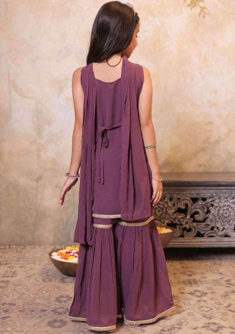 Purple Embroidered Georgette Kurta Set For Girls - Indya