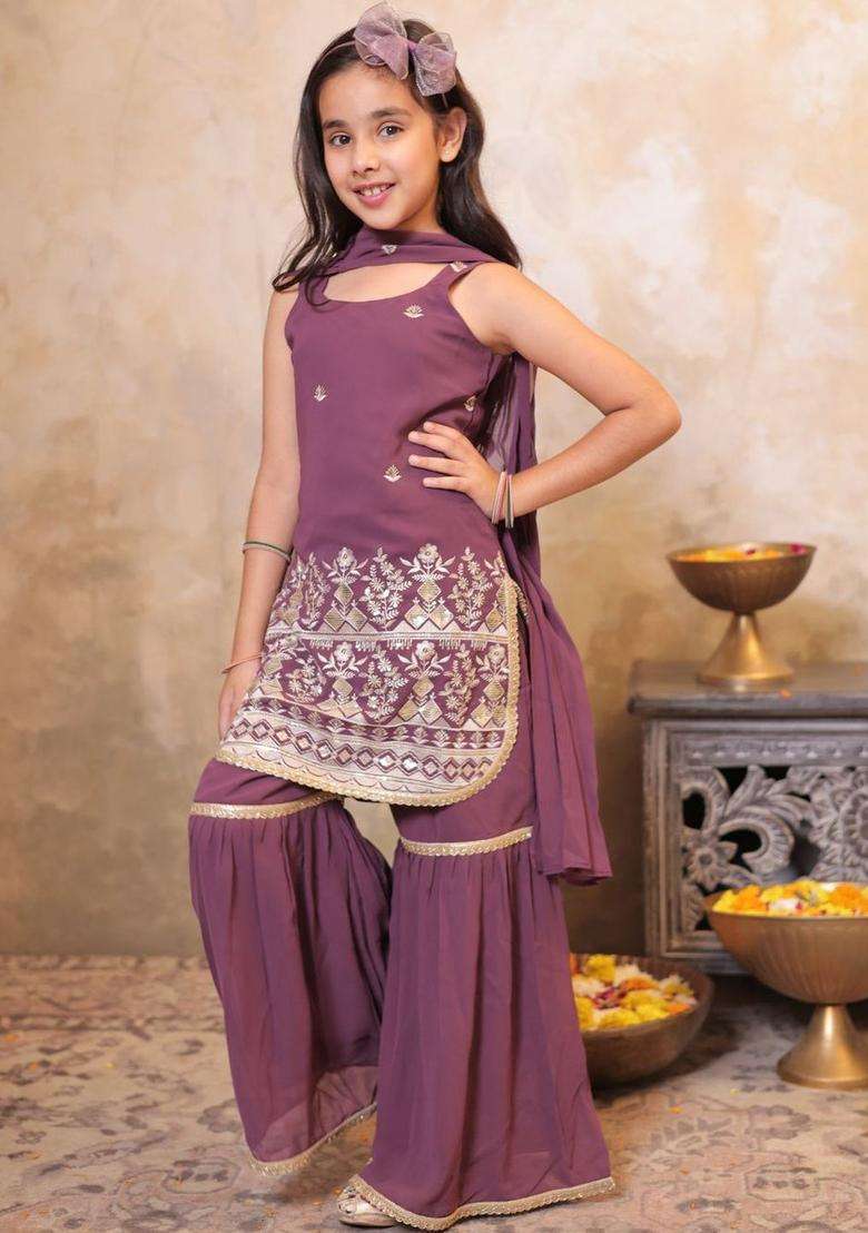 Purple Embroidered Georgette Kurta Set For Girls - Indya