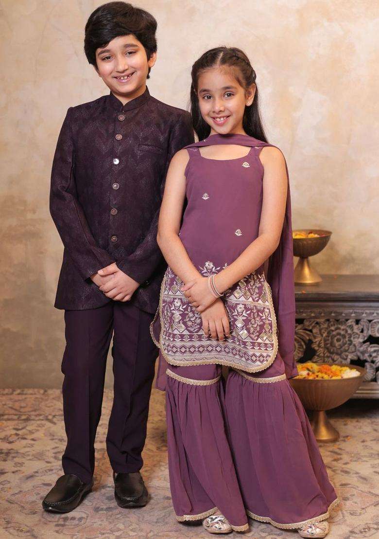 Purple Embroidered Georgette Kurta Set For Girls - Indya