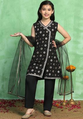 Black Woven Design Silk Kurta Set For Girls