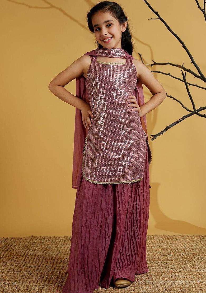 Pink Embroidered Georgette Kurta Set For Girls - Indya