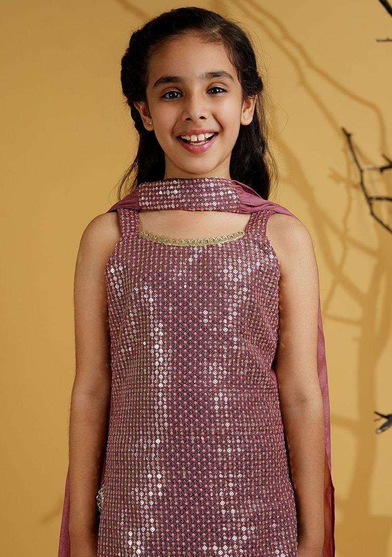 Pink Embroidered Georgette Kurta Set For Girls - Indya