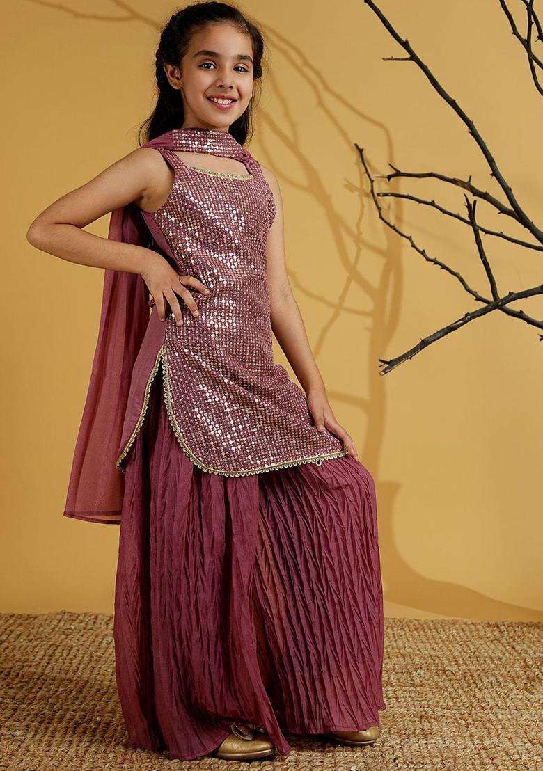 Pink Embroidered Georgette Kurta Set For Girls - Indya