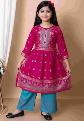 Pink Printed Viscose Kurta Set For Girls