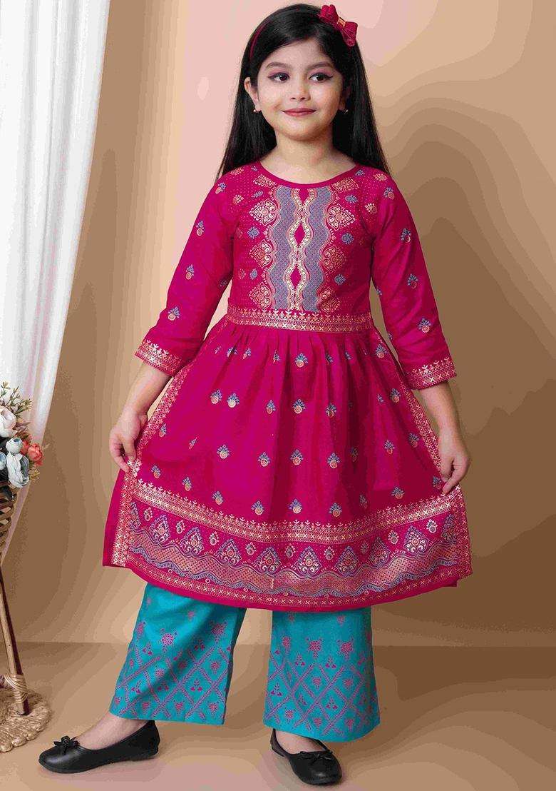 Pink Printed Viscose Kurta Set For Girls - Indya