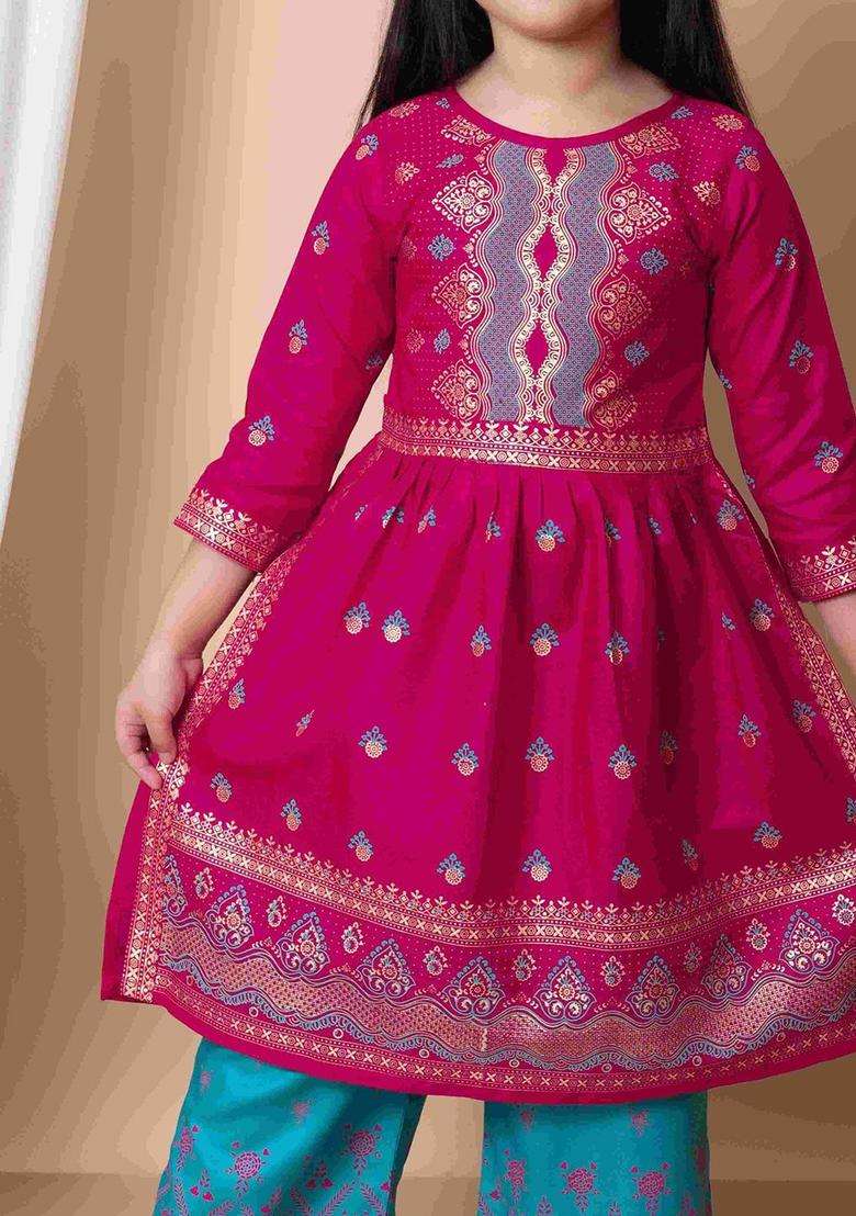 Pink Printed Viscose Kurta Set For Girls - Indya