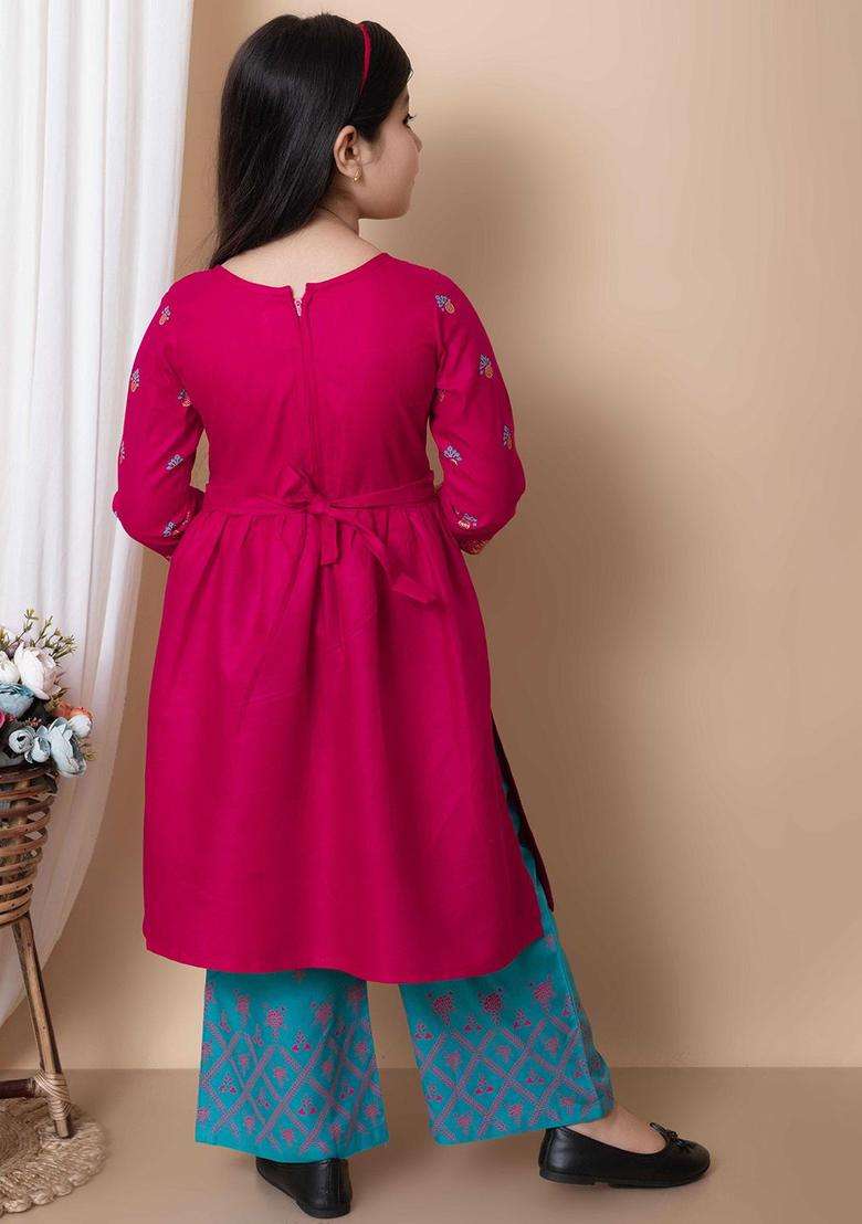 Pink Printed Viscose Kurta Set For Girls - Indya