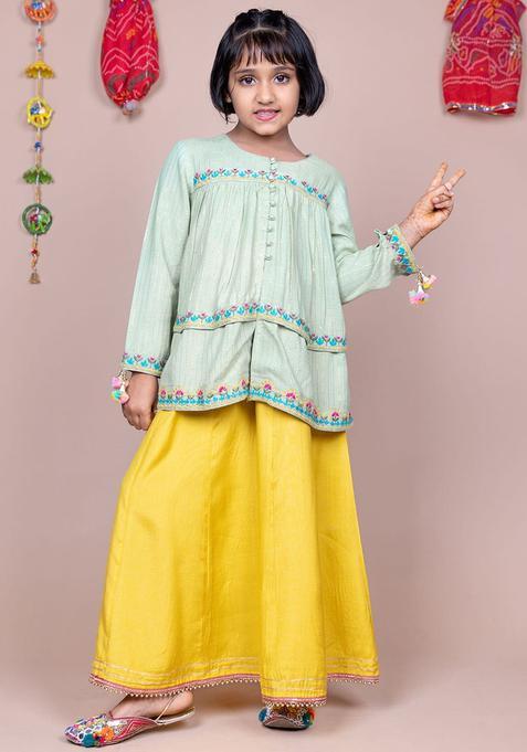 Green Striped Viscose Kurta Set For Girls — view on Indya