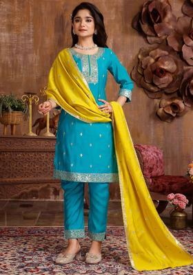 Turquoise Blue Embroidered Silk Kurta Set For Girls