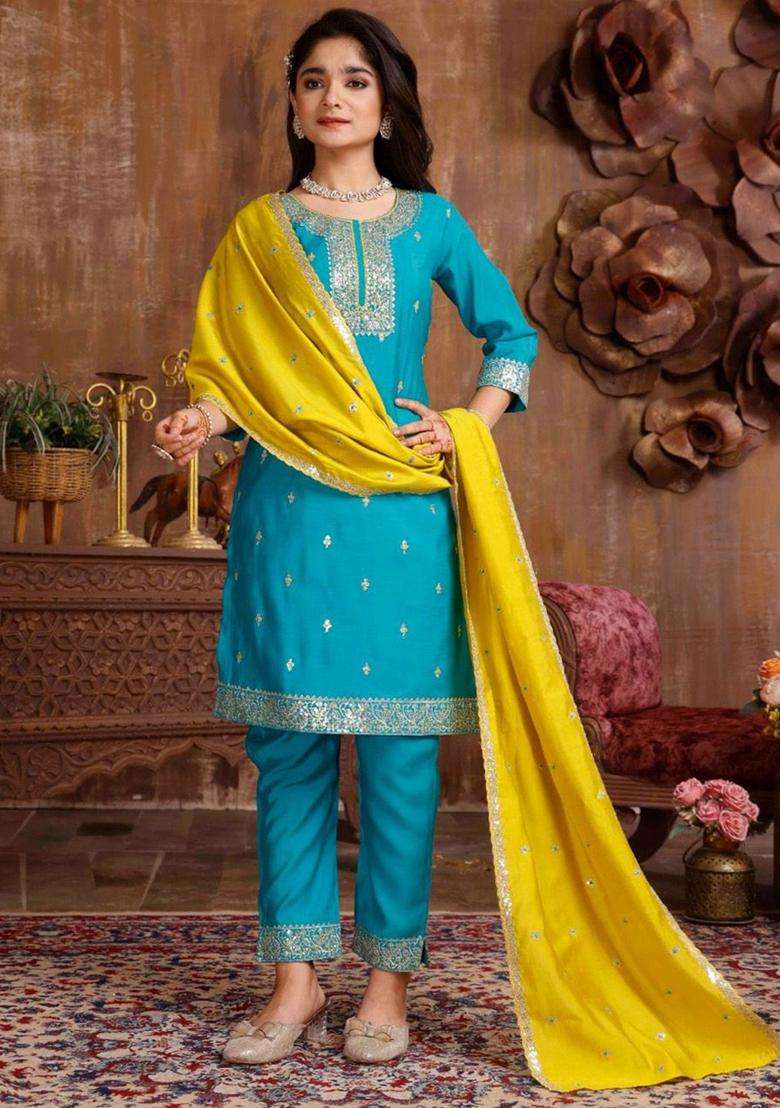 Turquoise Blue Embroidered Silk Kurta Set For Girls - Indya