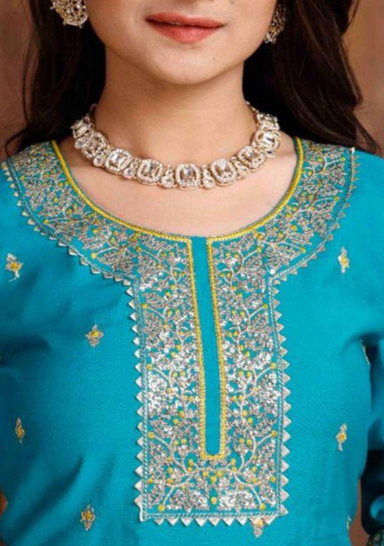 Turquoise Blue Embroidered Silk Kurta Set For Girls - Indya