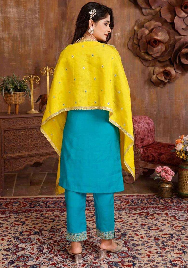 Turquoise Blue Embroidered Silk Kurta Set For Girls - Indya