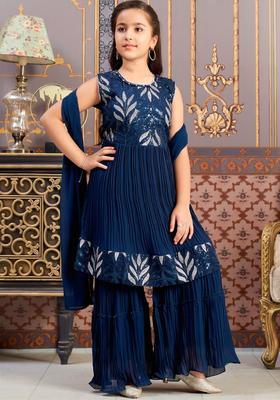 Turquoise Blue Embroidered Georgette Kurta Set For Girls
