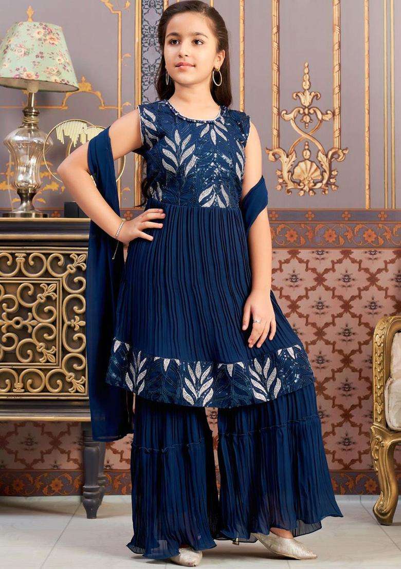 Turquoise Blue Embroidered Georgette Kurta Set For Girls - Indya