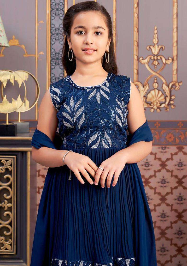 Turquoise Blue Embroidered Georgette Kurta Set For Girls - Indya
