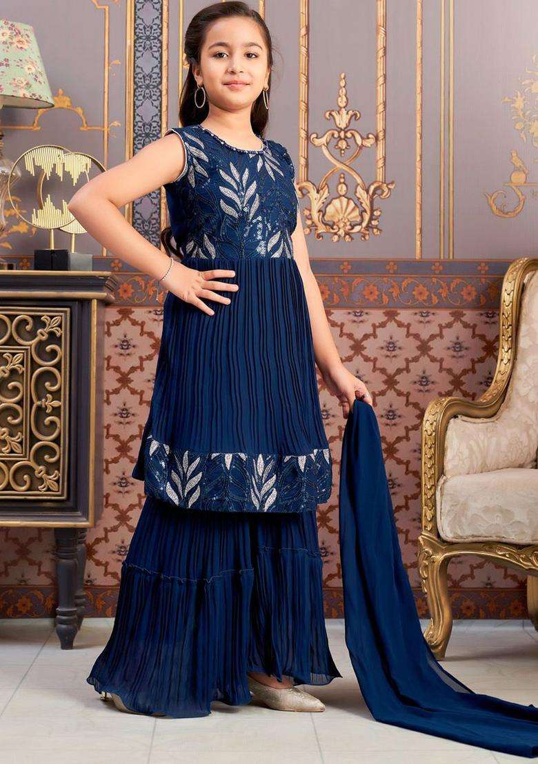 Turquoise Blue Embroidered Georgette Kurta Set For Girls - Indya