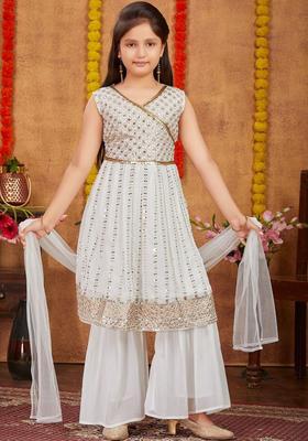 White Embroidered Georgette Kurta Set For Girls
