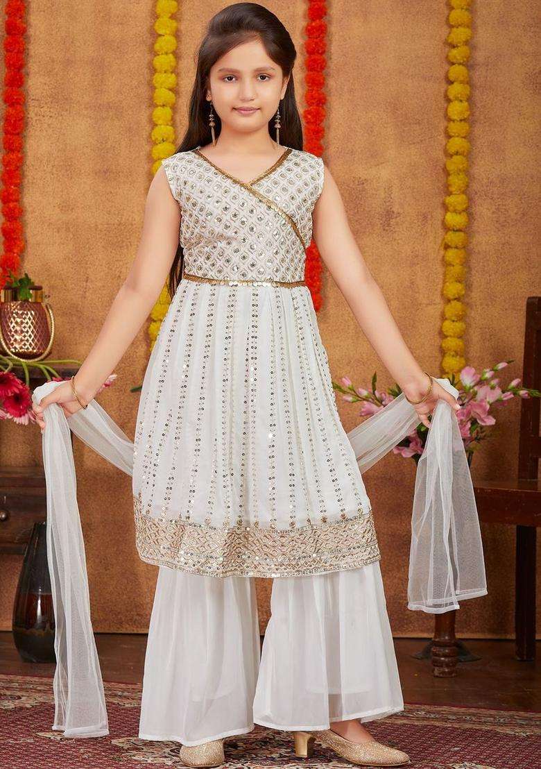 White Embroidered Georgette Kurta Set For Girls - Indya
