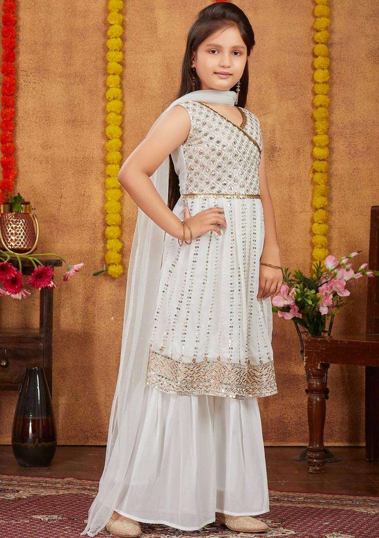 White Embroidered Georgette Kurta Set For Girls - Indya
