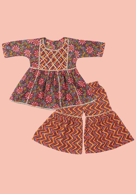 Red Printed Cotton Anarkali Kurta Set For Girls — view on Indya