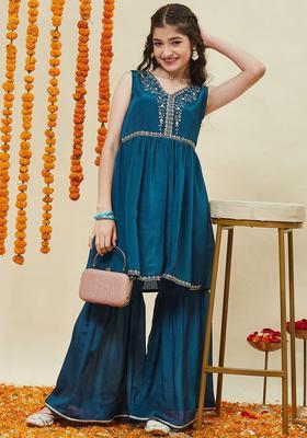 Teal Embroidered Silk Anarkali Kurta Set For Girls