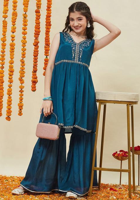 Teal Embroidered Silk Anarkali Kurta Set For Girls — view on Indya