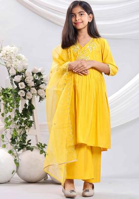 Yellow Embroidered Silk Kurta Set For Girls