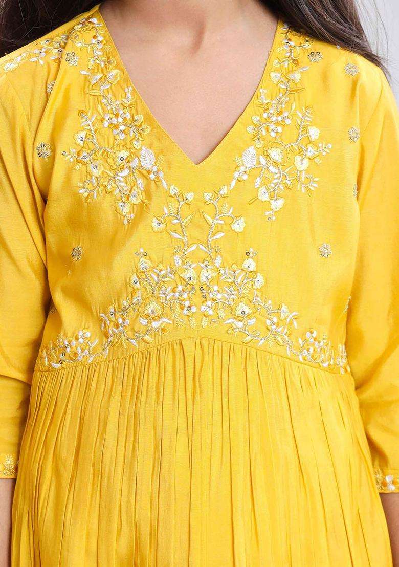 Yellow Embroidered Silk Kurta Set For Girls - Indya