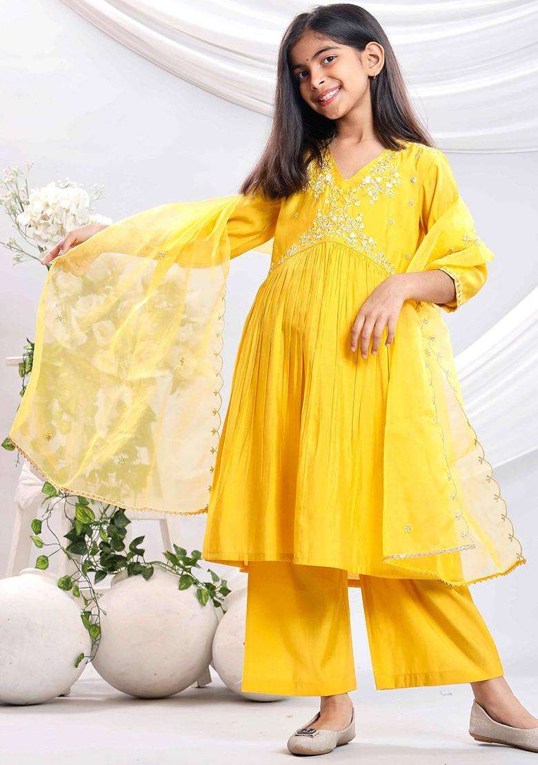 Yellow Embroidered Silk Kurta Set For Girls - Indya