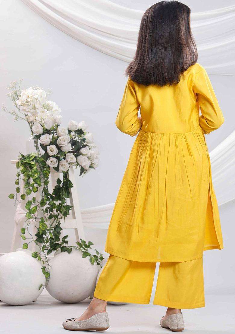 Yellow Embroidered Silk Kurta Set For Girls - Indya
