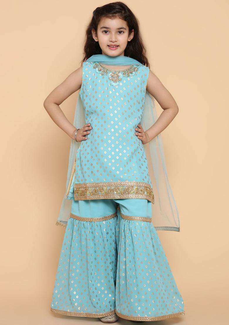 Turquoise Blue Woven Design Georgette Kurta Set For Girls - Indya