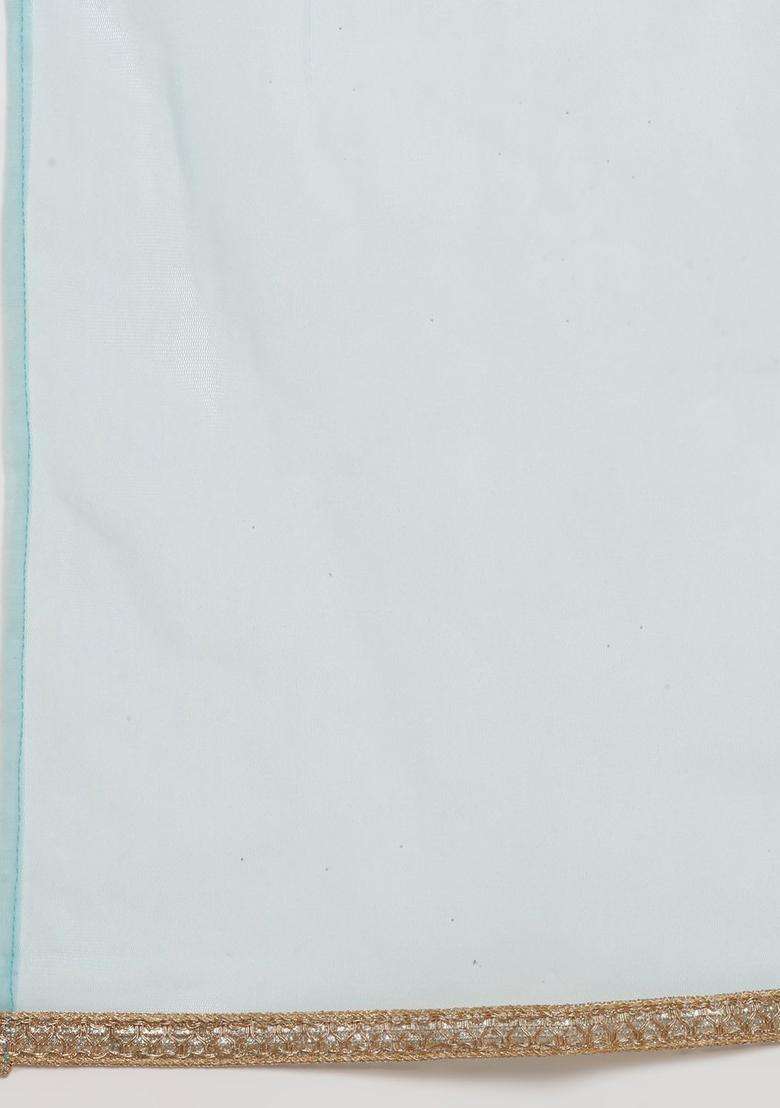 Turquoise Blue Woven Design Georgette Kurta Set For Girls - Indya