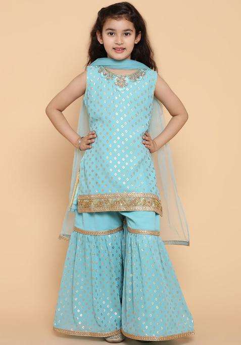 Turquoise Blue Woven Design Georgette Kurta Set For Girls